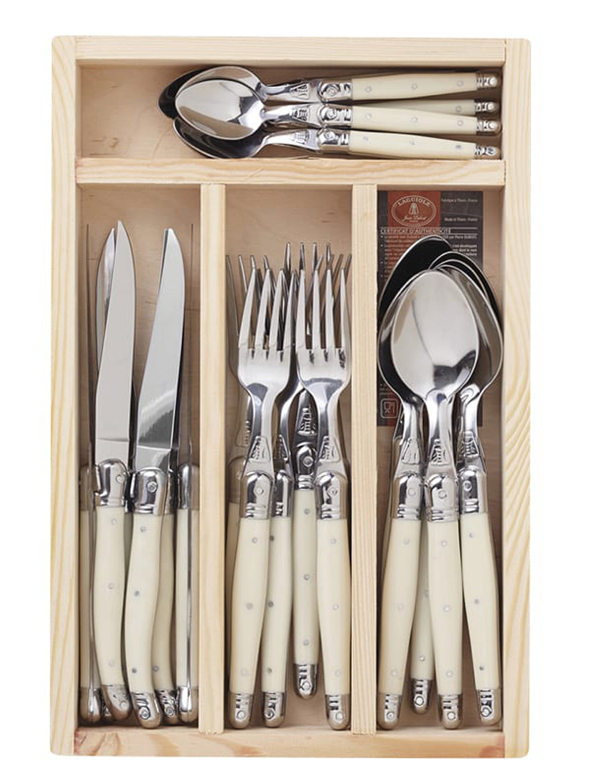 Jean Dubost laguiole 24 Pc Everyday Flatware Set with various colored Handles in a Tray