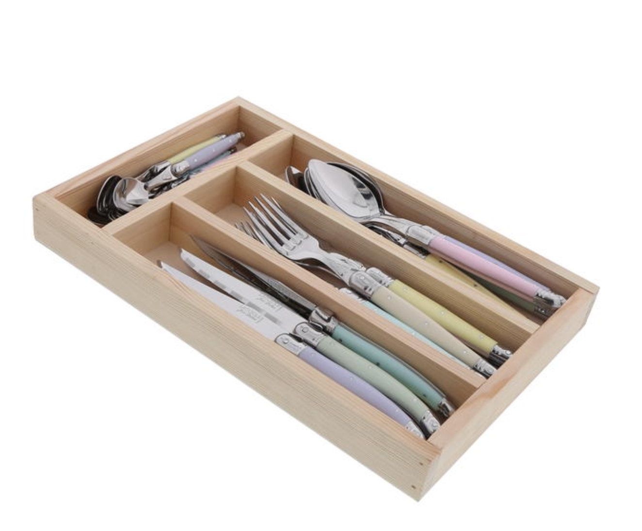 Jean Dubost laguiole 24 Pc Everyday Flatware Set with various colored Handles in a Tray