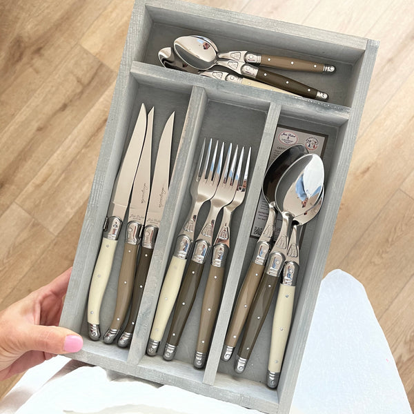 Jean Dubost laguiole 24 Pc Everyday Flatware Set with various colored Handles in a Tray